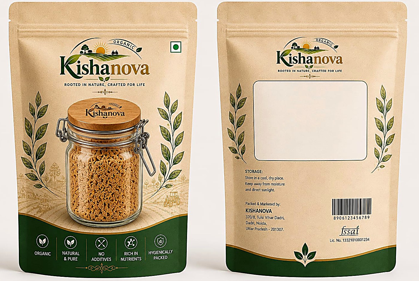 Kishanova pack, front and back, showing the brand mark and storage details