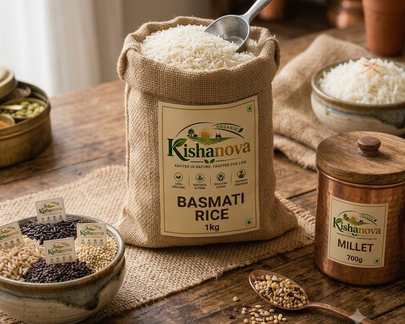 Kishanova basmati rice and grains on a kitchen table
